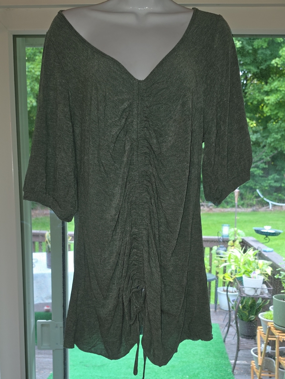 POL Olive Green Ruched V-Neck Tunic